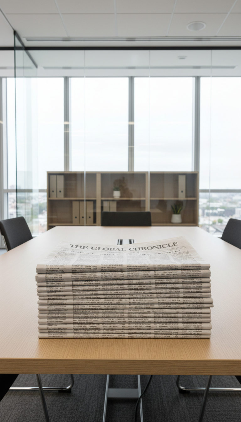 A stack of crisp, color-neutral print newspapers fanned neatly on a minimalist light oak conference table, each page featuring columns of clean black text and subtle headers. The table is placed in a modern, glass-walled meeting space with uncluttered shelves and serene gray carpeting. Diffused overcast daylight filters through floor-to-ceiling windows, softly illuminating the newsprint and creating gentle, understated highlights. The image feels calm, professional, and orderly, using an eye-level, center-weighted composition with sharp focus across the frame. The overall style is photographic realism with a clean, structured corporate aesthetic, reinforcing the reliability and clarity of NPO journalism.