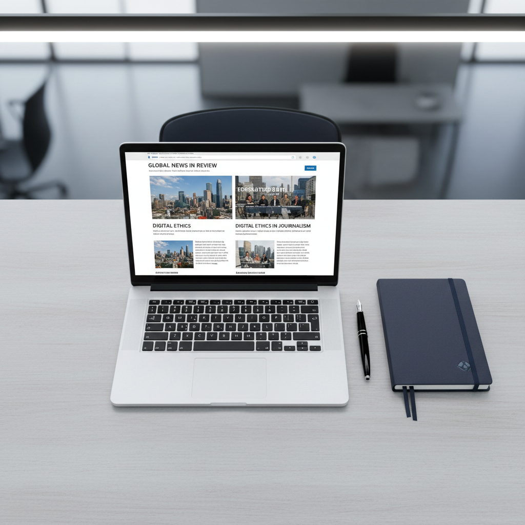 An open, sleek silver laptop displaying a digital news article with precise, modular layout and balanced white space, resting beside a closed, matte-finish navy notebook and a smooth black fountain pen. All are arranged with geometric precision on a pale, uncluttered work desk. Subtle overhead LED lighting casts even illumination, minimizing shadows and ensuring clarity. The mood is focused and contemporary, with a sense of purposeful diligence and organization. Shot from a bird’s eye view, the composition emphasizes symmetry, clean lines, and modern sensibility. The photographic, corporate style underlines the nonprofit’s commitment to transparency and digital innovation in journalism.